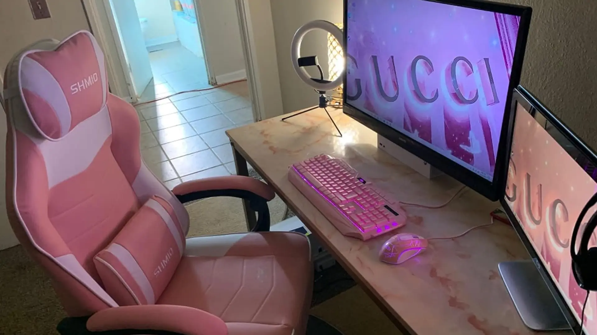Pink Gaming Chair with Footrest Ergonomic Office Chair Desk